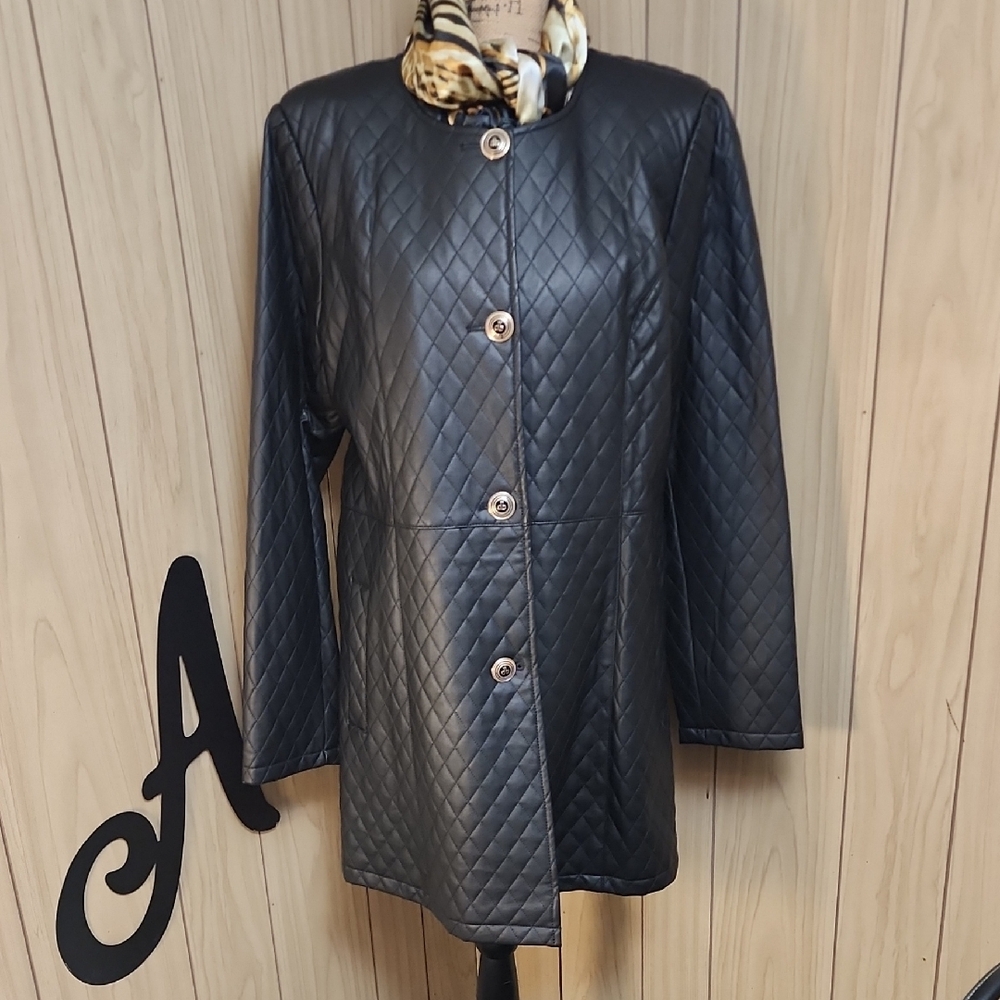 Dennis Basso Quilted Faux Leather Button Front Jacket with Scarf